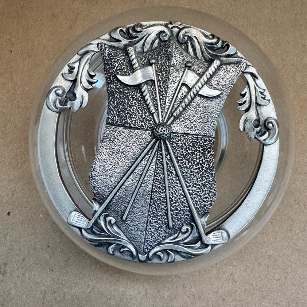 1996 Seagull Pewter Golf Coat of Arms Potpourri/Trinket Glass Dish. 3” by 4.5”